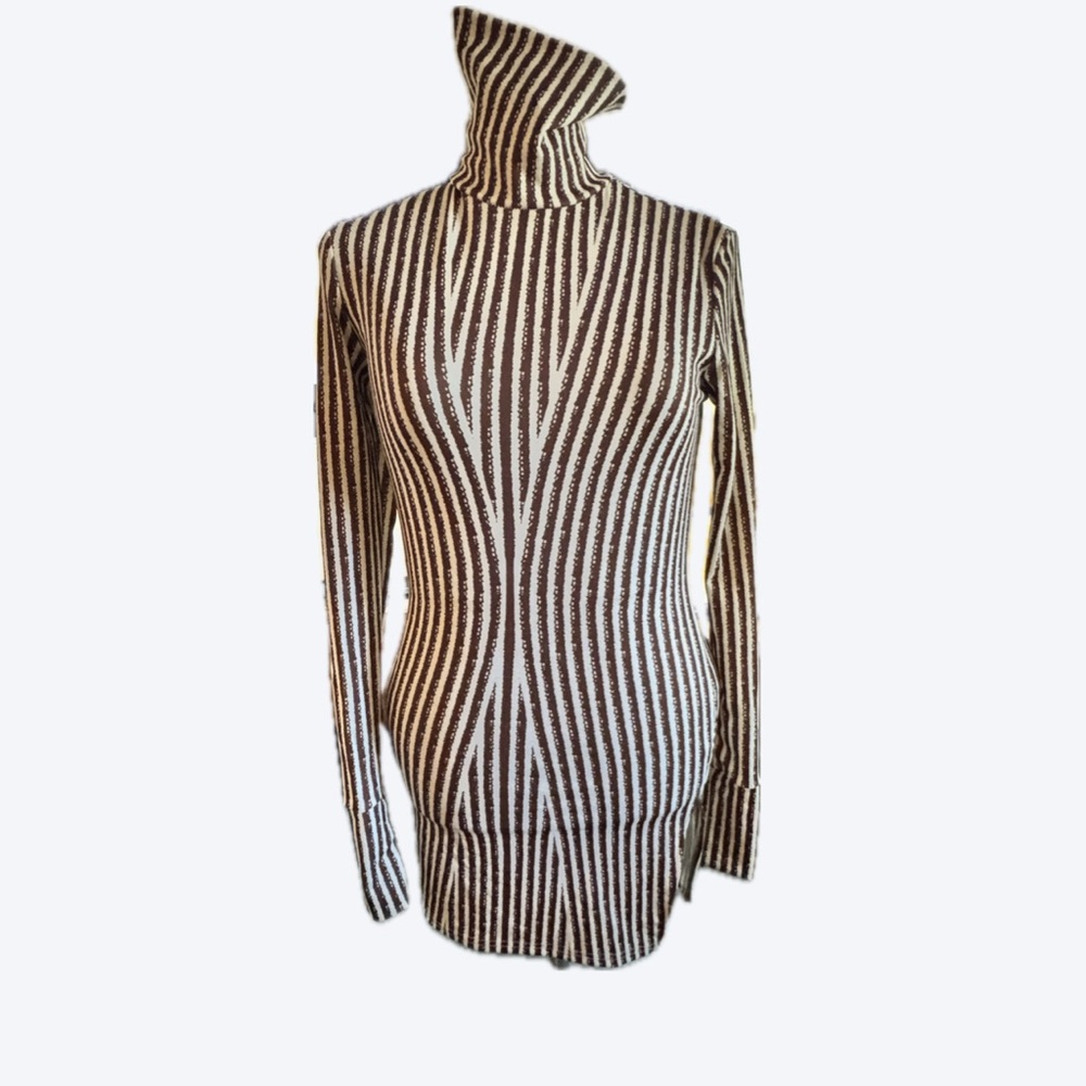 BROWN & WHITE STRIPE TURTLENECK BODYCON DRESS